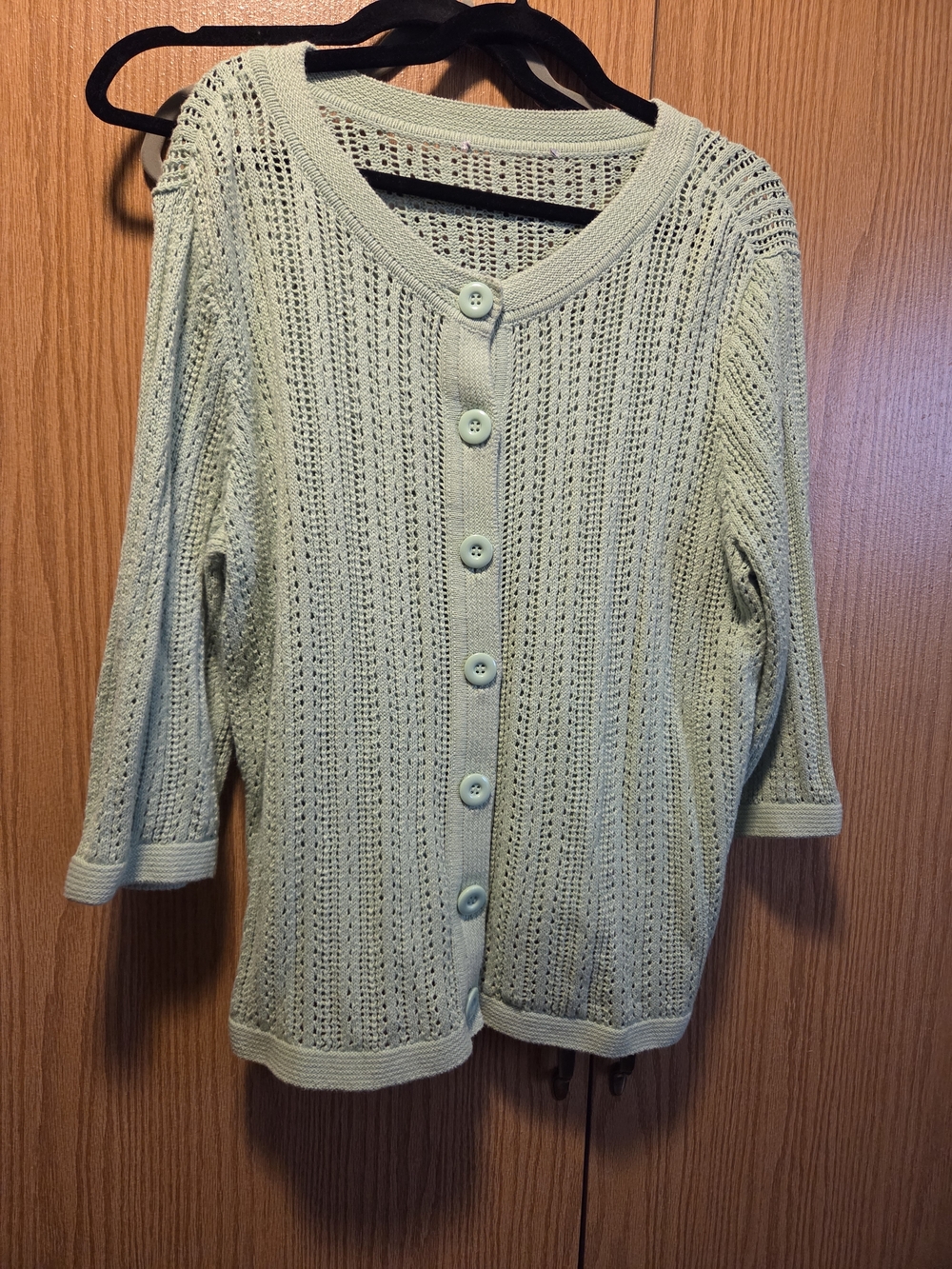 Women's Light Mint Open-Knit Button Cardigan Sweater